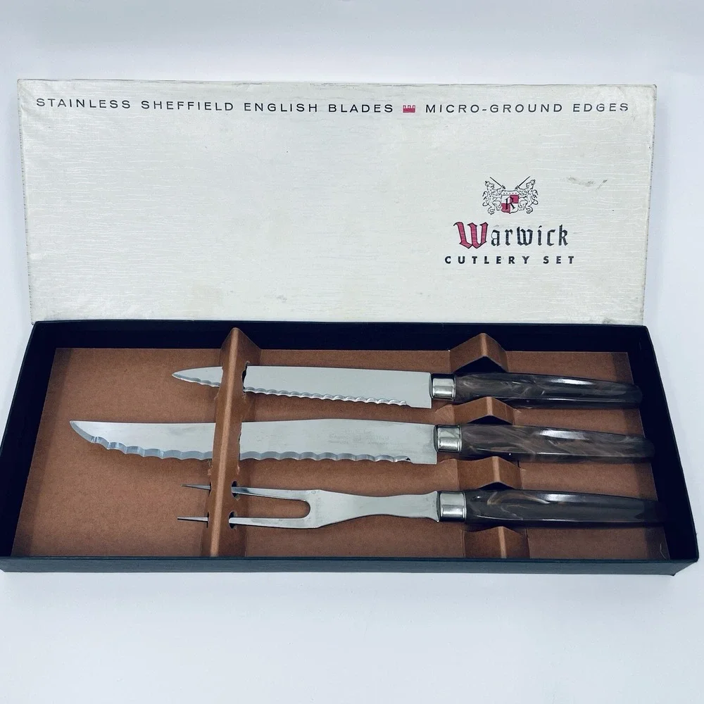Vintage Warwick Regent‎ Sheffield Cutlery Set Stainless England Marbled 3 Piece